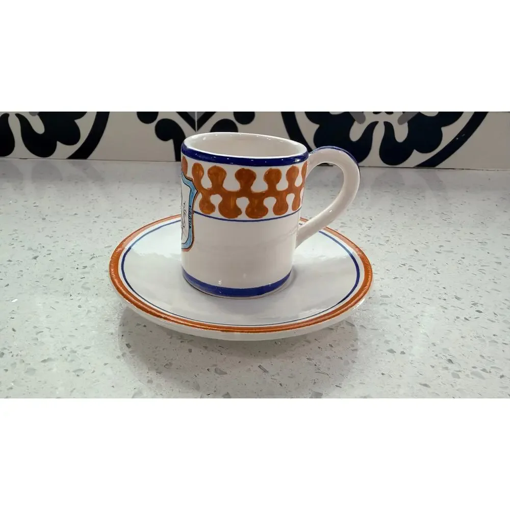 Vintage Siena Italy Espresso Cup Saucer Majolica Unicorn Orange Blue